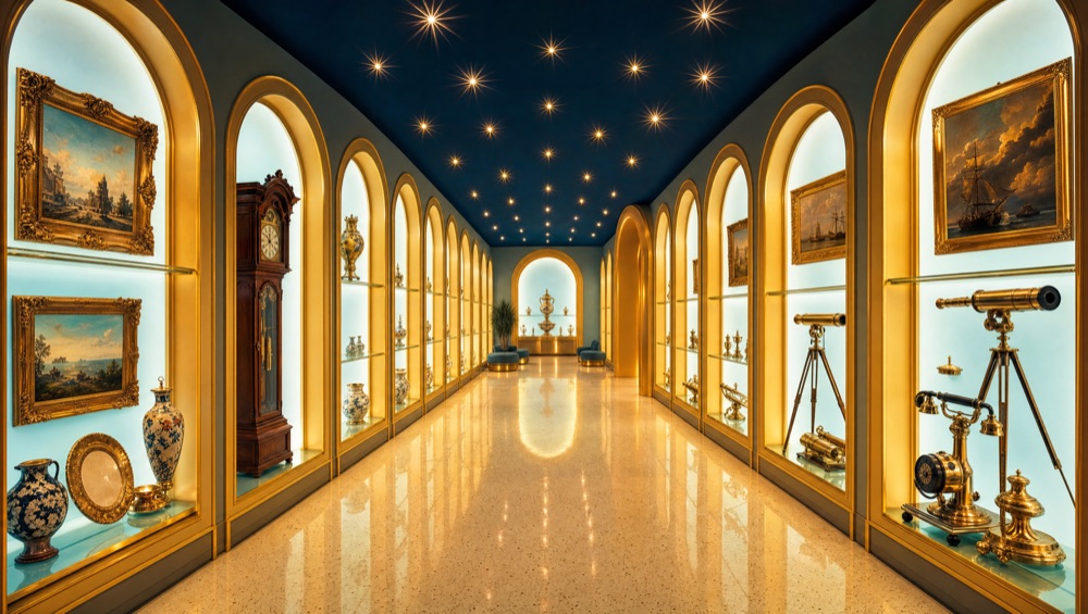 Gallery of estate treasures in lit alcoves