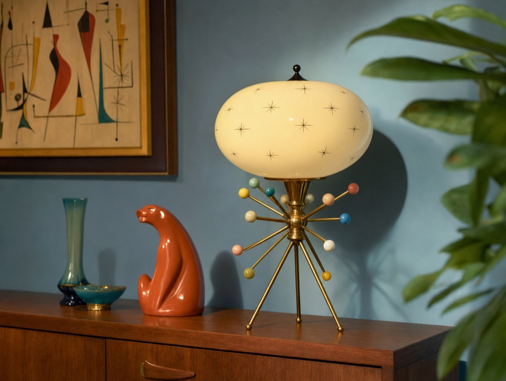Atomic-age sputnik lamp and space-race decor
