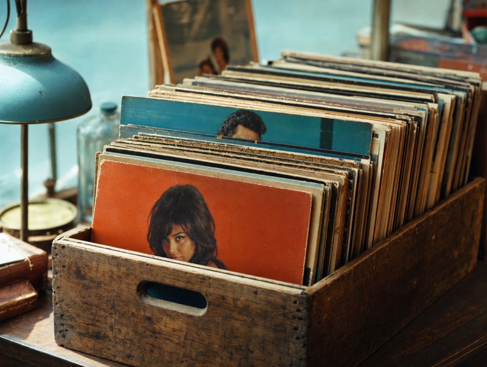 Crate of original-press vinyl records